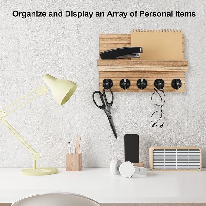 Key Holder for Wall, Decorative Key and Mail Holder with Shelf Has Large Key Hooks for Bags, Coats – Paulownia Wood Key Hanger with Mounting Hardware (9.8”W x 6.7”H x 4.2”D) (Burnt Wood)