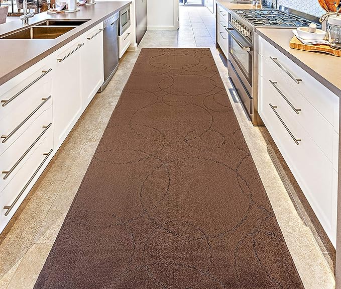 Custom Size Modern Geometric Pattern Carpet Runner Rug for Hallways, Slip Resistant Latex Rubber Backed, 31 inch Wide X Customized Length, Circles Brown, 31 inch X 22 feet