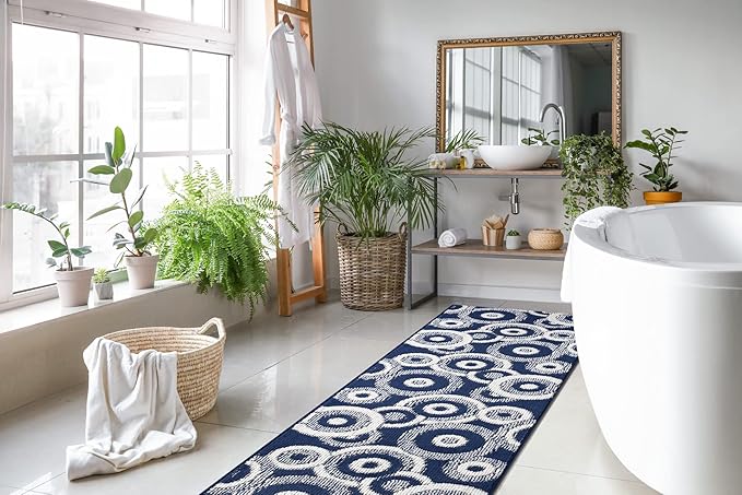 Custom Length Cut to Size Retro Modern Coastal Carpet Runner Rug for Hallways, Non Slip Rubber Backed, 31 inch Wide X Customized Length, Geo Blue, 31 inch X 29 feet