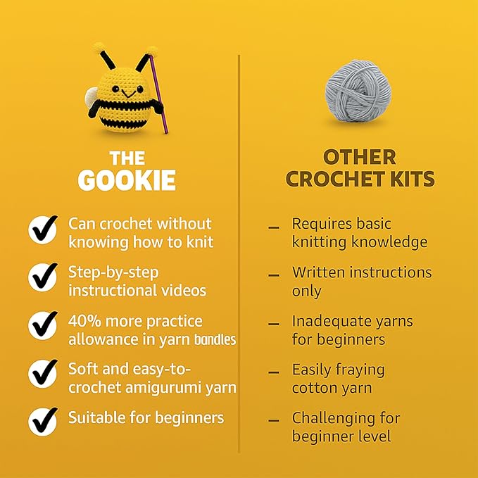 THE GOOKIE Amigurumi Crochet Kit for Beginners – DIY Crochet Kit with Yarn, Hook, Eyes & Stuffing – Easy Starter Set with Video Tutorials – Cute Plush Toy Craft Gift for Kids, Teens & Adults (Bee)