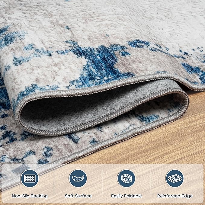 6x9 Area Rugs for Living Room Rug Washable: Modern Rug for Dining Room Bedroom Carpet Non Slip Low Pile 6 by 9 Indoor Abstract Nursery Home Office Blue White