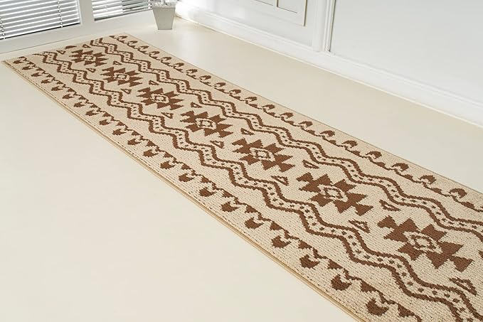 Custom Length Cut to Size Tribal Ethnic Southwestern Inspired Hallway Runner Rug, Non Slip Rubber Backed, 31 inch Wide X Customized Length, Aztec Beige, 31 inch X 9 feet