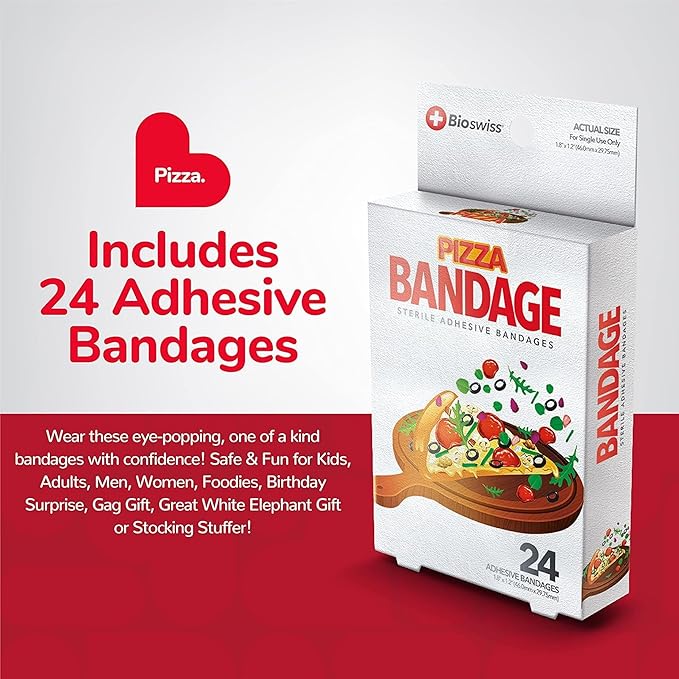BioSwiss Bandages, Pizza Shaped Self Adhesive Bandage, Latex Free Sterile Wound Care, Fun First Aid Kit Supplies for Kids, 24 Count