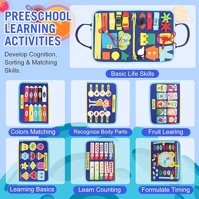 Montessori Busy Board - Ideal Busy Book Toddler Toys & Gifts for Boys & Girls, Toddler Travel Essential for Airplane & Car, Sensory Toys, Great for Baby Gifts for Boys