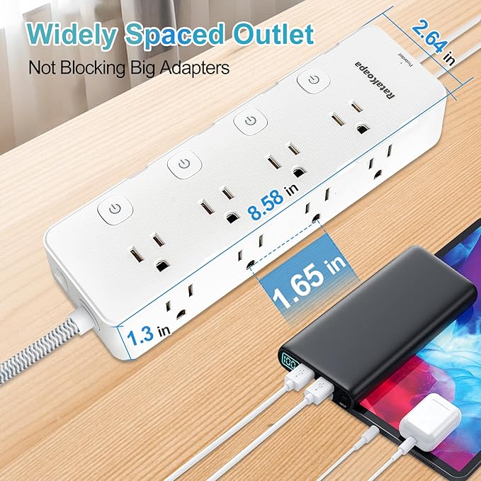 10 Ft Surge Protector Power Strip - 8 Widely AC Outlet 4 USB Ports(2 USB C), Flat Plug Extension Cord with Multiple Outlets, Individual Switches, Desk Extender for Dorm, Home, Office Essentials, 1400J