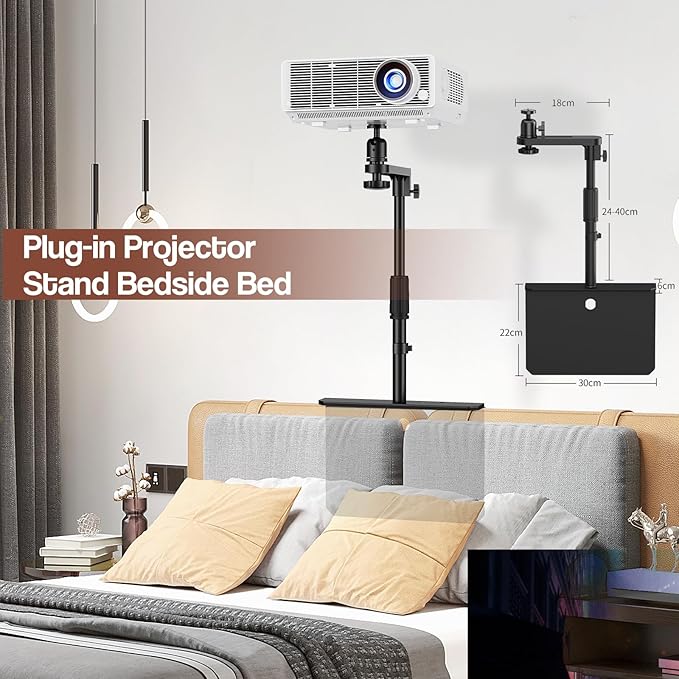 Plug-in Bed Sofa Projector Stand, Height Adjustable Mount Base, 360° Rotation, Two Installation Methods, Universal Bedside Bracket Holder Compatible with Most Projectors with Cable Ties