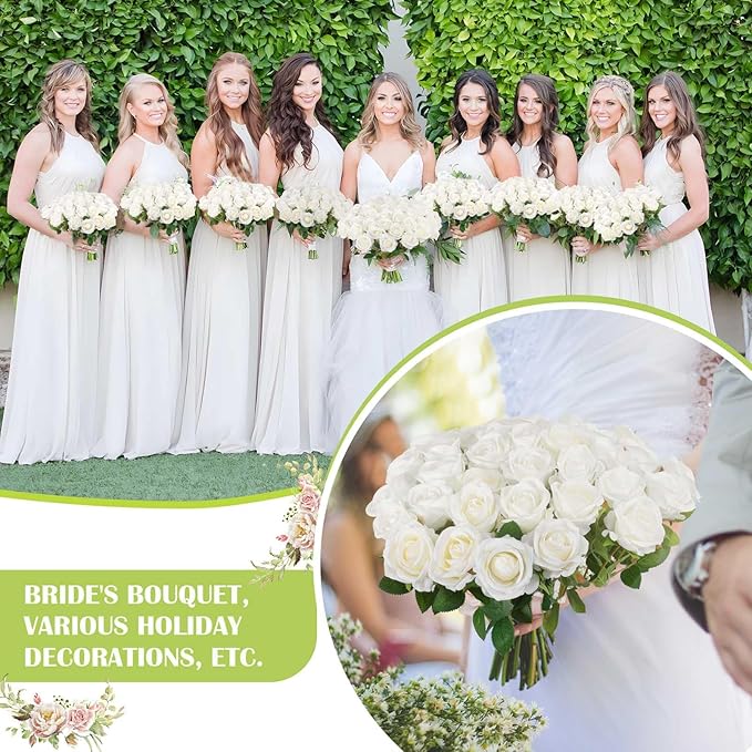 120 Pcs Artificial Roses Bulk Velvet Silk White Roses White Roses for Wedding Centerpieces Bridal Bouquet Mohter's Day Home Decor (120, White)