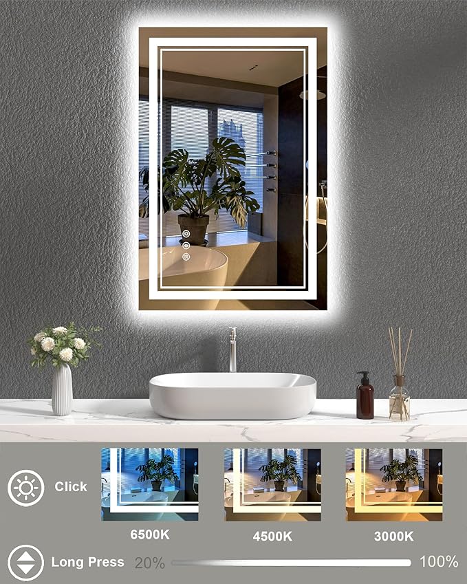 24x36 Inch Bathroom Mirror with Lights, LED Vanity Mirror for Bathroom Wall Mounted with Threefold Brightness by 2 Front Lights & 1 Backlit, Anti-Fog, Stepless Adjusted, Unbreakable Tempered Glass