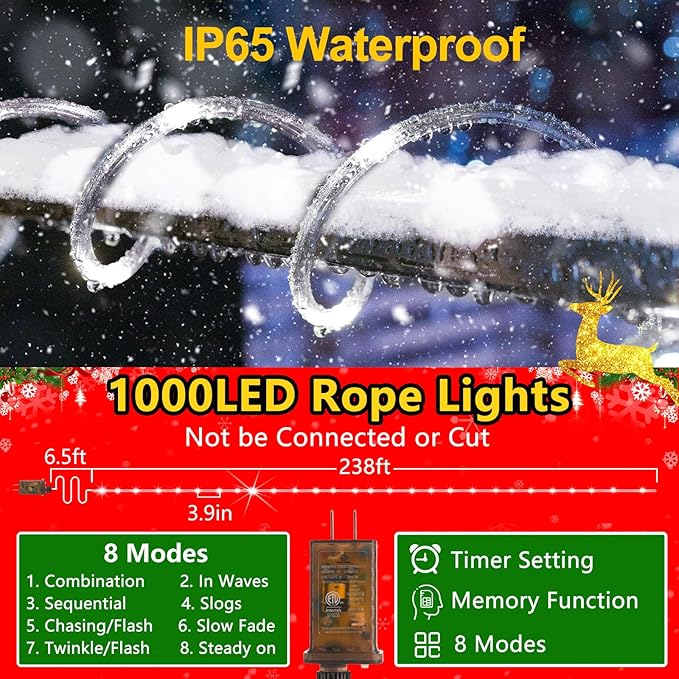 KNONEW 164FT 1000LED Rope Lights for Outside,Outdoor String Lights Waterproof 8 Modes Clear Tube Light for Indoor,Bedroom,Wedding,Garden,Patio,Christmas,Tree,Rv,Holiday Decoration(Cold White)