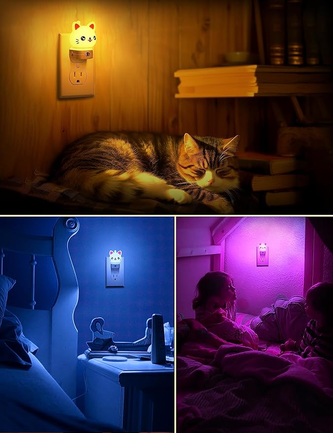 DORESshop Cat Night Lights Plug Into Wall [2 Pack], Cute Night Light for Kids, 8-Color RGB LED Night Light, Nightlight with Dusk to Dawn Sensor for Kids Room, Bathroom, Bedroom Décor, Children Gift