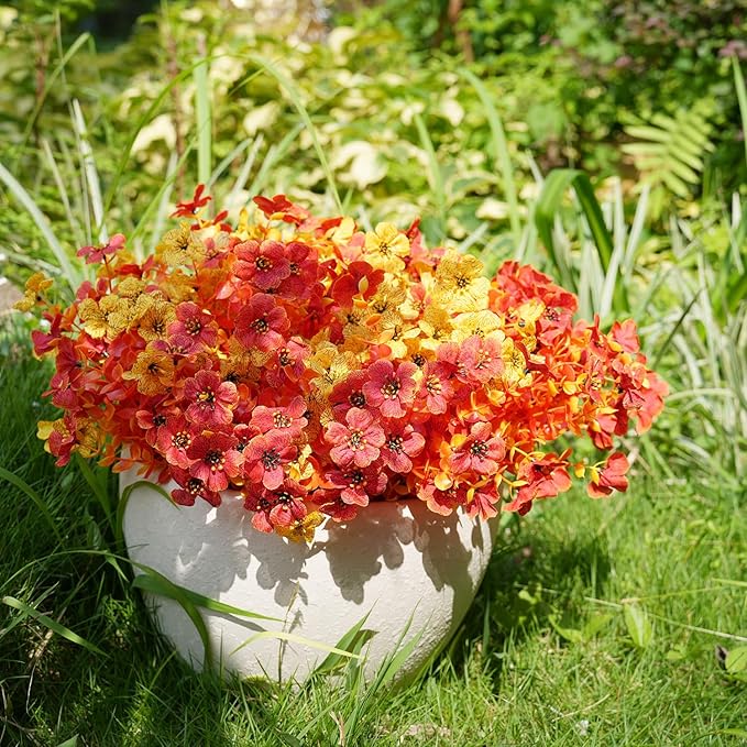 Artificial Flowers for Outdoor, UV Resistant Fake Silk Flowers, Realistic Faux Plants for Outside Indoor Porch Patio Window Box Planter Home Decor (16, Fall OrangeRed Yellow)