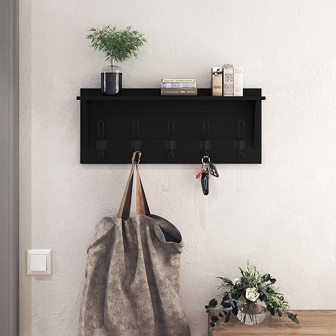 Wall Mounted Coat Rack Shelf, Rustic Wooden Country Style 24" Entryway Shelf with 5 Rustic Hooks Featuring Solid Pine Wood. Perfect Touch for Your Entryway, Mudroom, Kitchen, Bathroom and More, Black