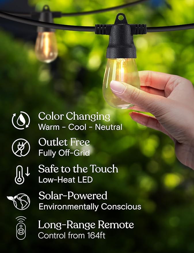 Brightech 48 (42+6) FT Ambience Pro Outdoor Solar String Lights - Bright Remote Control Color Adjustable Solar Light - Commercial Grade, 15 Waterproof LED Bulbs for Patios, Camping, Yard, Outside