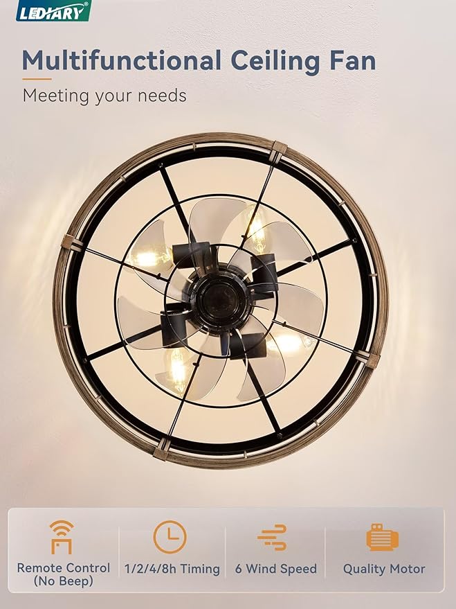 LEDIARY 20 Inch Fandelier Caged Ceiling Fan with Light, Bladeless Ceiling Fan with Remote, Small Farmhouse Fan Lights Ceiling Fixtures for Kitchen, Bedroom-Brown