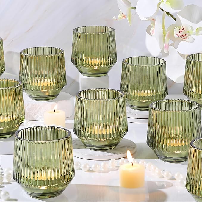 LAMORGIFT 12 Pcs Large Green Ribbed Glass Tea Light Holders - 3.15" x 3.15" - Green Wedding Decor, Table Centerpieces