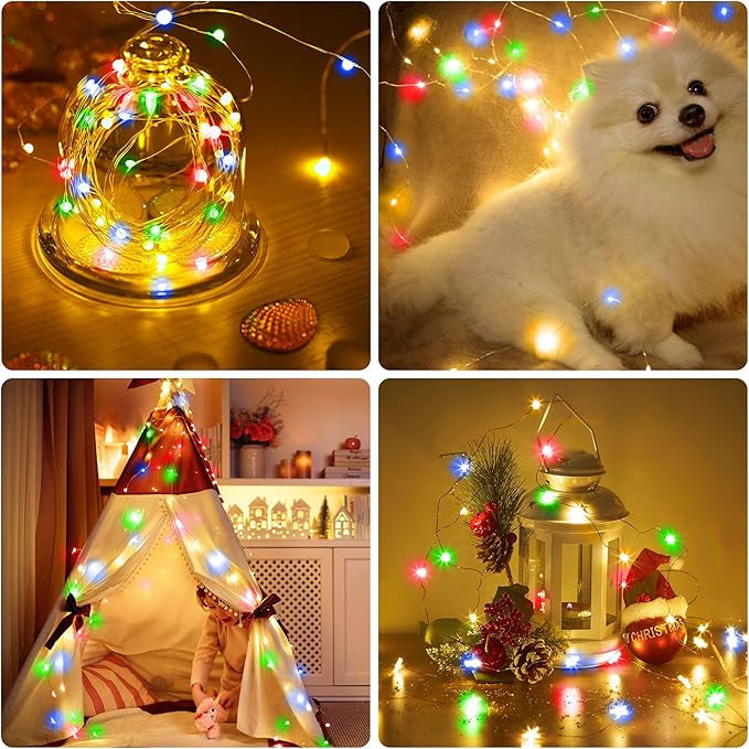 Christmas Multicolor Fairy Lights Battery Operated 2 Pack 16.4Ft 50 LEDs Silver Copper Wire Twinkle Lights for Bedroom Indoor Outdoor Wedding Dorm Parties Holiday Yard Decorations