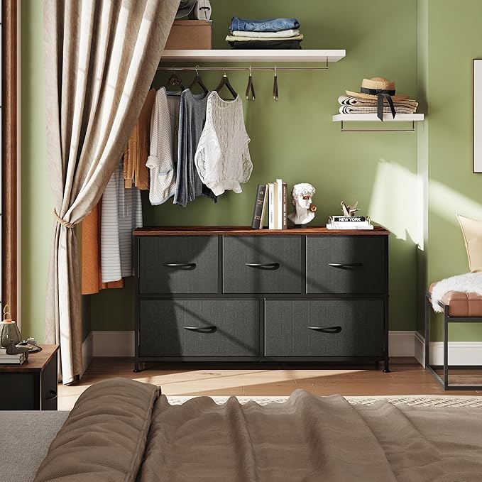 WLIVE Dresser for Bedroom with 5 Drawers, Wide Chest of Drawers, Fabric Dresser, Storage Organizer Unit with Fabric Bins for Closet, Living Room, Hallway, Black and Rustic Brown