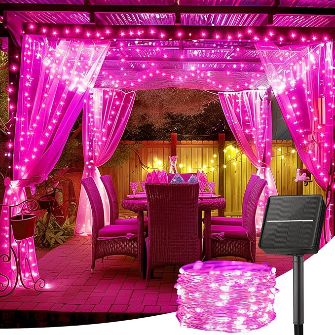Minetom Solar String Lights for Outside, 2 Packs Total 66Ft 200 LED Outdoor Solar Fairy Lights, 8 Modes Balcony Lights for Tree Patio Christmas Party Wedding Decor (Pink)