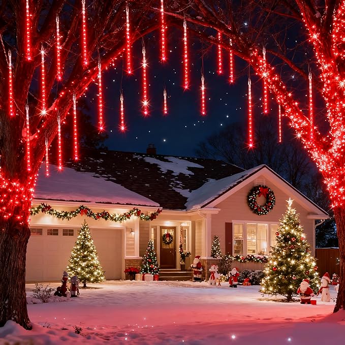 Joomer Christmas Lights Outdoor, 11.8 inch 10 Tubes 240 LED Meteor Shower Lights, LED Snow Falling Icicle Cascading Light with Timer Waterproof and Connectable for Christmas Decoration (Red)