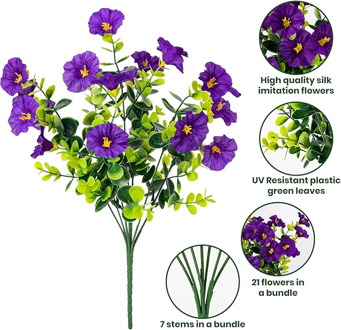 Artificial Faux Flowers for Outdoor 16 Bundles Boxwood Fake Morning Glory for Planter,UV Resistant Fake Flowers for Home Porch Patio Outside（8 Color）