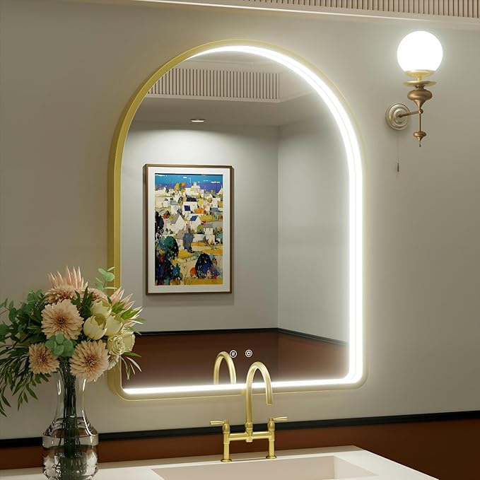 40x30 Inch Arched Gold LED Bathroom Mirror with Lights, Adjustable 3000K/4500K/6000K, Wall Mounted Framed Lighted Bathroom Vanity Mirror, Anti-Fog, Dimmable, Memory Function