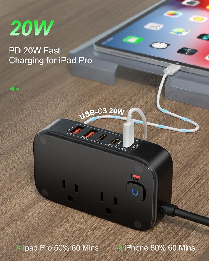 Portable Travel Power Strip 7-in-1 with PD20W Fast Charging 5 USB Ports 2500W AC Outlets 5FT Flat Plug Extension Cord for Home Office Travel