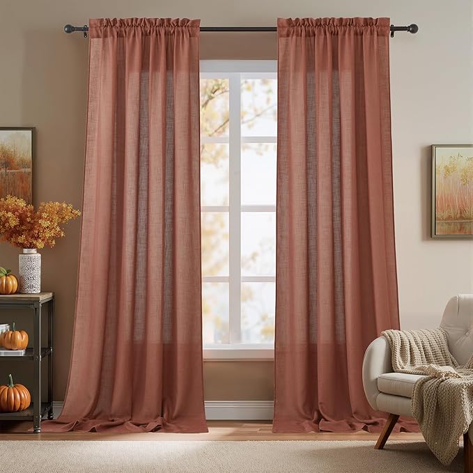 RYB HOME Linen Blend Curtains 102 inches Long for Living Room Home Office, Thick Heavy Textured Rod Pocket Light Filtering Machine Washable, W 52 x L 102 inches, Terracotta, 2 Panels