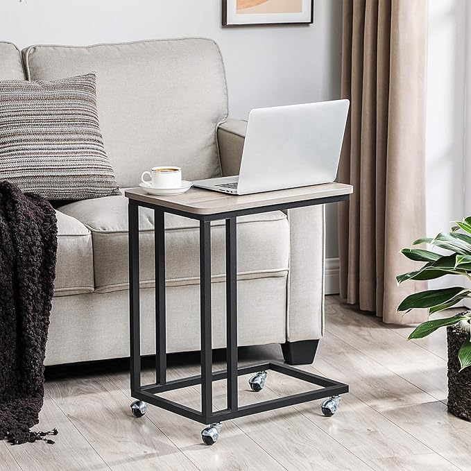 VASAGLE End Table, C Shaped TV Tray with Metal Frame Rolling Casters, Industrial Side Table for Living Room Bedroom, 19.7 x 13.8 x 23.6 Inches, Greige and Black