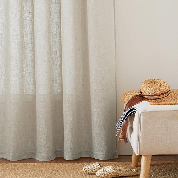 RYB HOME Linen Sheer Curtains - Semi Sheer Privacy Drapes for Bedroom Living Room Kitchen Bathroom Cafe Window Decor, Angora, 52 inch Width x 90 inch Length, 1 Pair