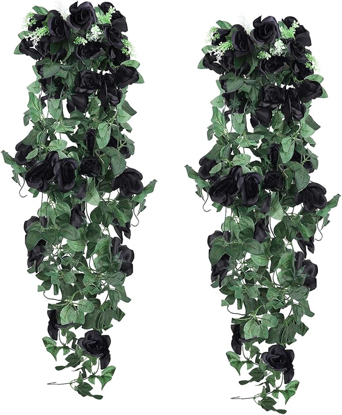RECUTMS Flowers Artificial Hanging Plants 2PCS 3.3Ft Rose Vine for Home Room Garden Wedding Indoor Outdoor Decoration (Black)