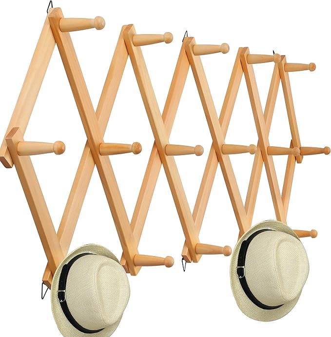 WEBI Accordion Wall Hanger,Expandable Wooden Coat Rack Wall Mounted,Accordion Hat Rack for Wall Rack for Hats,Caps,16 Peg Hooks,Natural