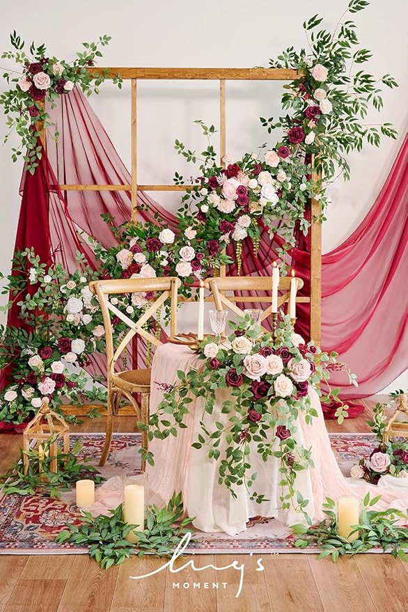 Ling's moment 2PCS Artificial Floral Swags Centerpieces Burgundy Wedding Flower Greenery Arrangements for Sweetheart/Head Table Decor Wedding Car Wall Window Arch Home Garden Decor Blush Marsala