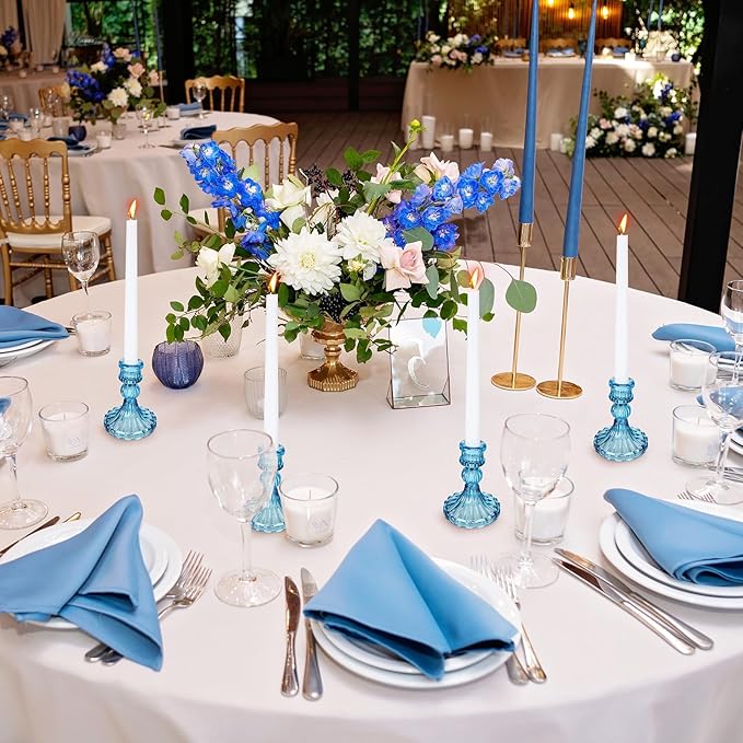 Suclain 24 Pcs Glass Taper Candle Holder Sets 12 Candlestick Holder with 12 White Long Candles for Wedding Party Decor Dinner Decoration(Blue)