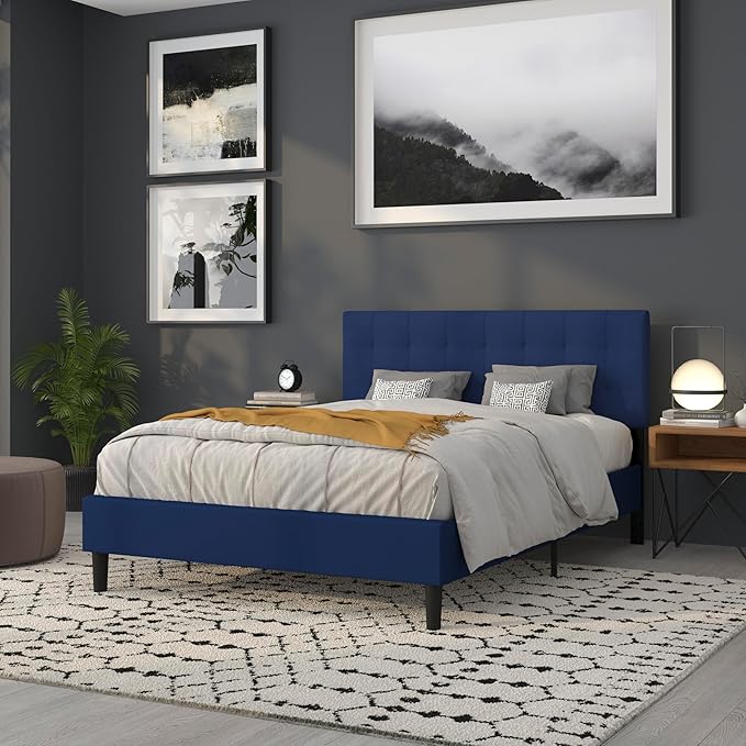 Flash Furniture Bedford Box Stitch Tufted Upholstered Queen Size Headboard in Navy Fabric