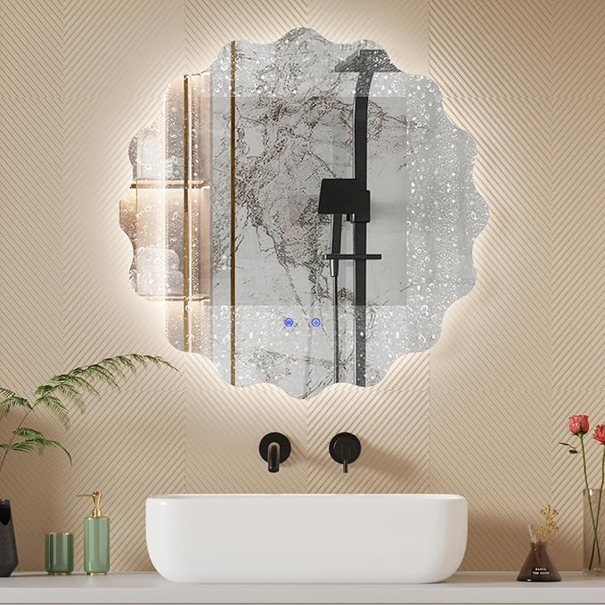QDSSDECO Irregular LED Bathroom Mirror with Lights,Asymmetrical Led Bathroom Vanity Mirror for Wall with Front and Backlit, Anti Fog, 3 Colors and Dimmable Light, 23" x 23"