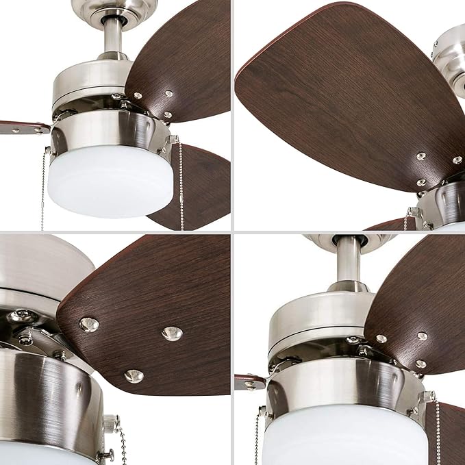 Honeywell Ceiling Fans Ocean Breeze Modern 30 Inch Ceiling Fan with Light, Pull Chain LED Indoor Fan with 3 Blades, Satin Nickel and Light Oak Blade Finish Options, Brushed Nickel (50601-01)