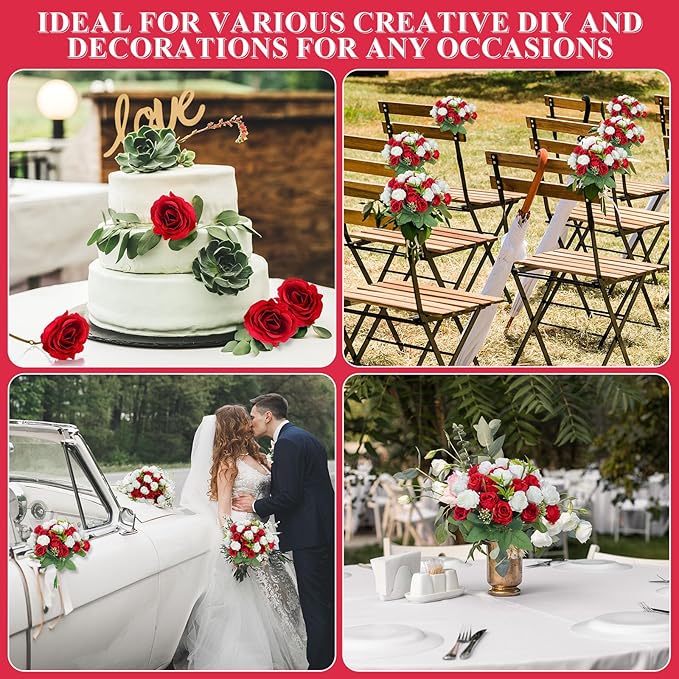 Zeyune 16 Bunches 12 Inch Artificial Mini Rose Bouquet 160 Heads Bridal Flower Bouquets Fake Silk Rose Bulk for Wedding Bridal Shower Christmas Home Office Garden Decoration(White and Red)