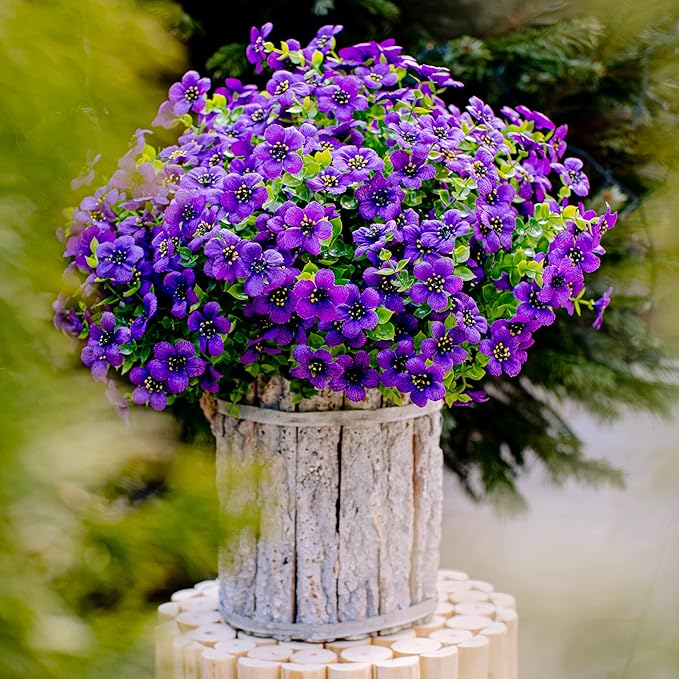 Artificial Flowers for Outdoors Fake Plants - 16 Bundles Fake Plants UV Resistant No Fade Faux Plastic Greenery Home Garden Porch Patio Decoration Office Indoor (Purple)