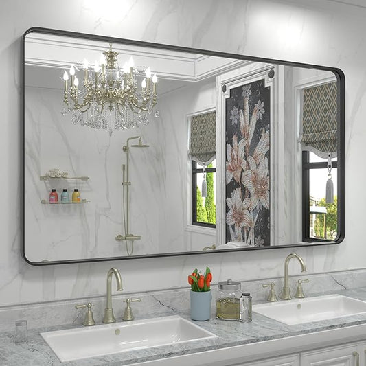 60x36 Matte Black Bathroom Mirror, Modern Rectangle Metal Framed Mirrors for Wall, Rounded Corners, Shatter-Proof (Horizontal/Vertical)