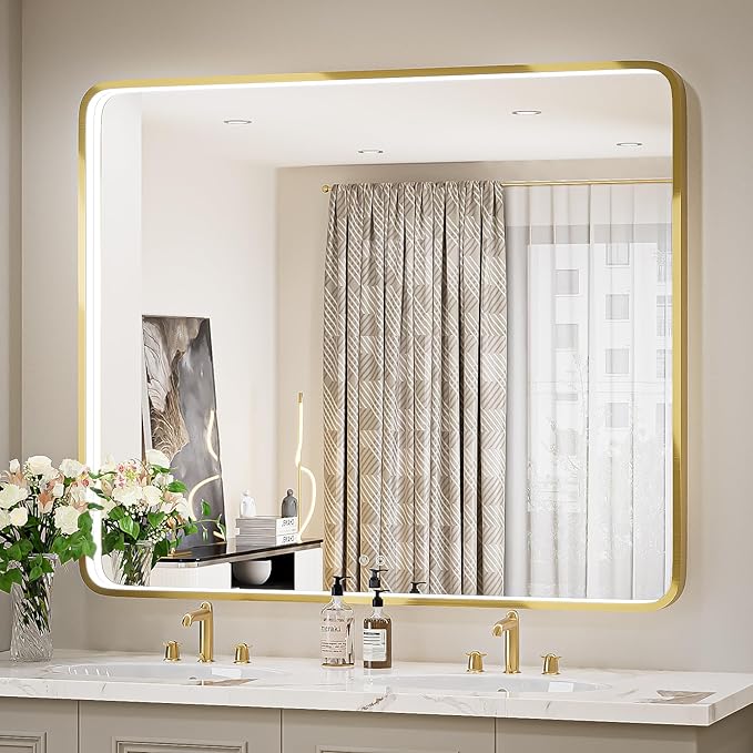 43X36 Inch Framed LED Lighted Bathroom Mirror,Wall Mounted Gold Metal Vanity Mirrors with Lights,Dimmable Illuminated Anti-Fog Mirror(Horizontal/Vertical)