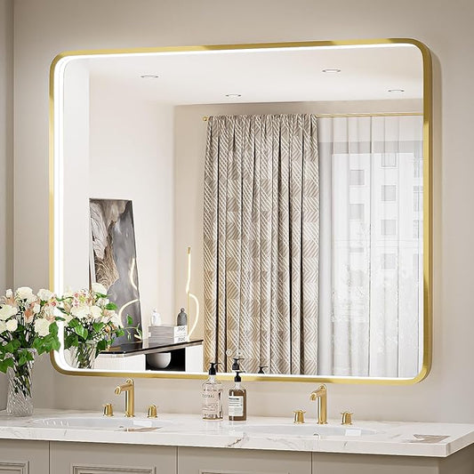 43X36 Inch Framed LED Lighted Bathroom Mirror,Wall Mounted Gold Metal Vanity Mirrors with Lights,Dimmable Illuminated Anti-Fog Mirror(Horizontal/Vertical)