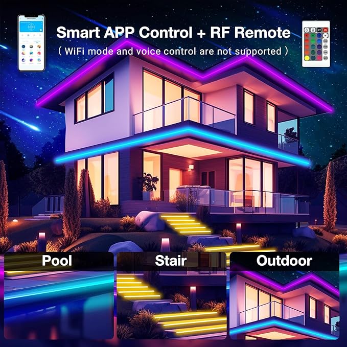 DAYBETTER Outdoor LED Strip Lights, IP67 Waterproof LED Lights with Remote, APP Control, Color Changing LED Rope Lights for Bedroom, Bathroom, Roof, Balcony, Pool, 24V, 100ft