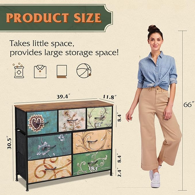 WLIVE 7 Drawer Dresser TV Stand, Entertainment Center, Media Console Table with Metal Frame and Wood Top for TV up to 45 inch, Chest of Drawers for Bedroom, Living Room, Floral Painted