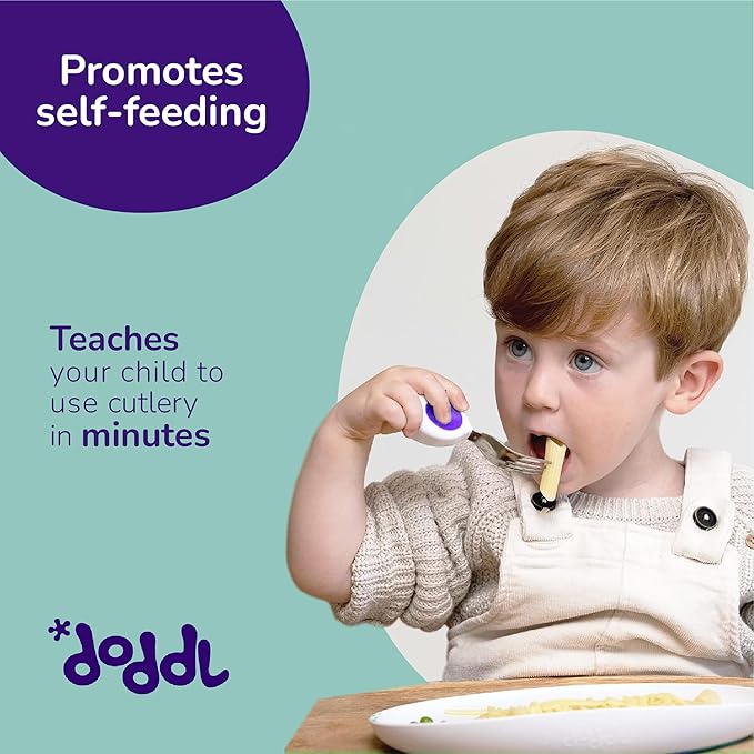doddl Toddler Utensils, Ergonomic Fork and Spoon Set for Self Feeding, Stainless Steel Silverware for 1-3 Year Olds, BPA Free, Dishwasher Safe (Indigo)