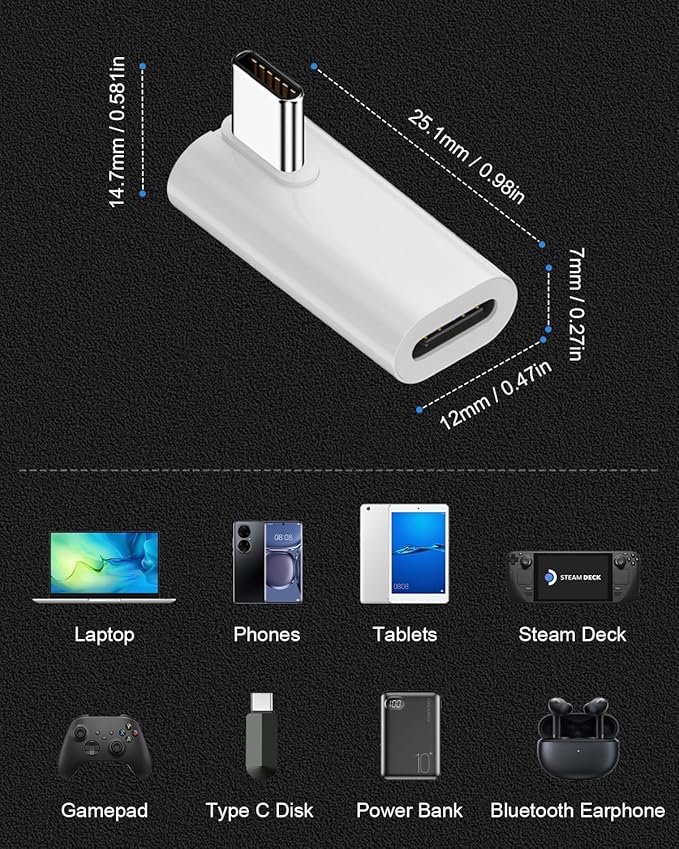 Danfetsoy 90 Degree Right Angle USB C Male to Female Adapter, 40Gbps 140W 90 Degree USB C Male to Female Connector Extender for 8K@60Hz for MacBook, iMac, iPad, Tablet, Phones and More (4 Pack)