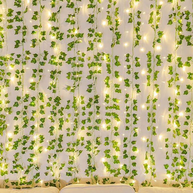KASZOO 84Ft 12 Pack Artificial Ivy Garland Fake Plants, Vine Hanging Garland with CE Certified 80 LED String Light, Hanging for Home Bedroom Garden Party Wedding Wall Room Decor, Green