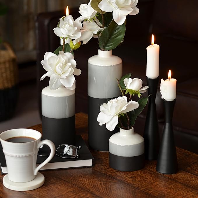 Iconic Dipped Scandinavian Style Bud Vases, Set of 3, Glazed Porcelain, Tonal Shades, Pale Grey, Grey, and Black, Round, 11.5, 7, 4.25 Inches