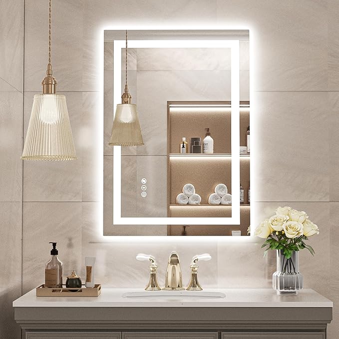 USHOWER LED Bathroom Mirror 20x28 Inch with Lights - Frameless Tempered Glass LED Backlit Lighted Mirror for Bathroom Vanity with Anti-Fog, 3 Colors Dimmable, Memory Function, Wall-Mounted