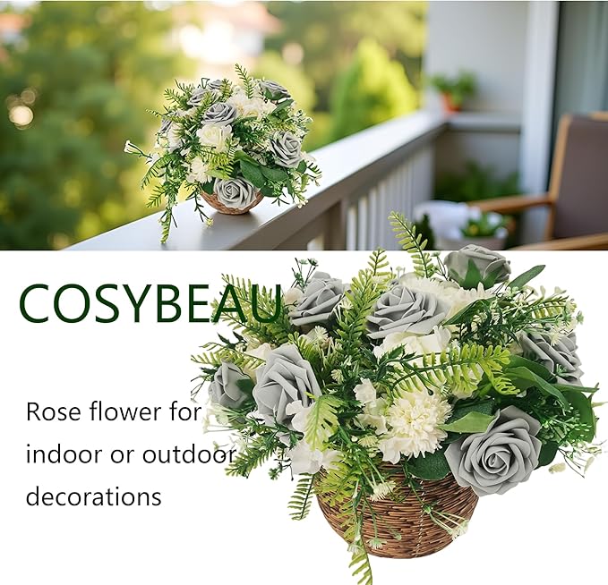 Grey Roses Artificial Flowers 25 PCS, Fake Rose Flower Heads Flowers with Stem for DIY Bouquets Wedding Decorations Centerpieces Arrangements Party Home Decor