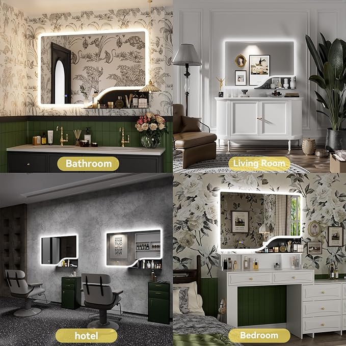 32"x 48" LED Bathroom Mirror with Shelf, 3 Colors Backlit Vanity Mirror with Lights, Wall-Mounted Large Bathroom Mirror with Lights, Smart Mirror with Anti-Fog, Stepless Dimmable, Memory (UL, ETL)